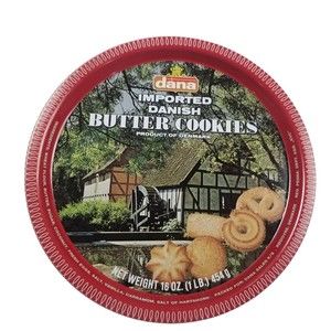 Vintage 1985 Round Dana Imported Butter Cookies Tin W/Lid Denmark Empty 7.5x3.5”